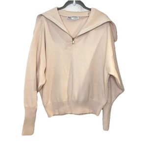 ZARA Sweater 1/4 Zip Foldover Collar Sailor Blush Pink Thick Chunky Size S